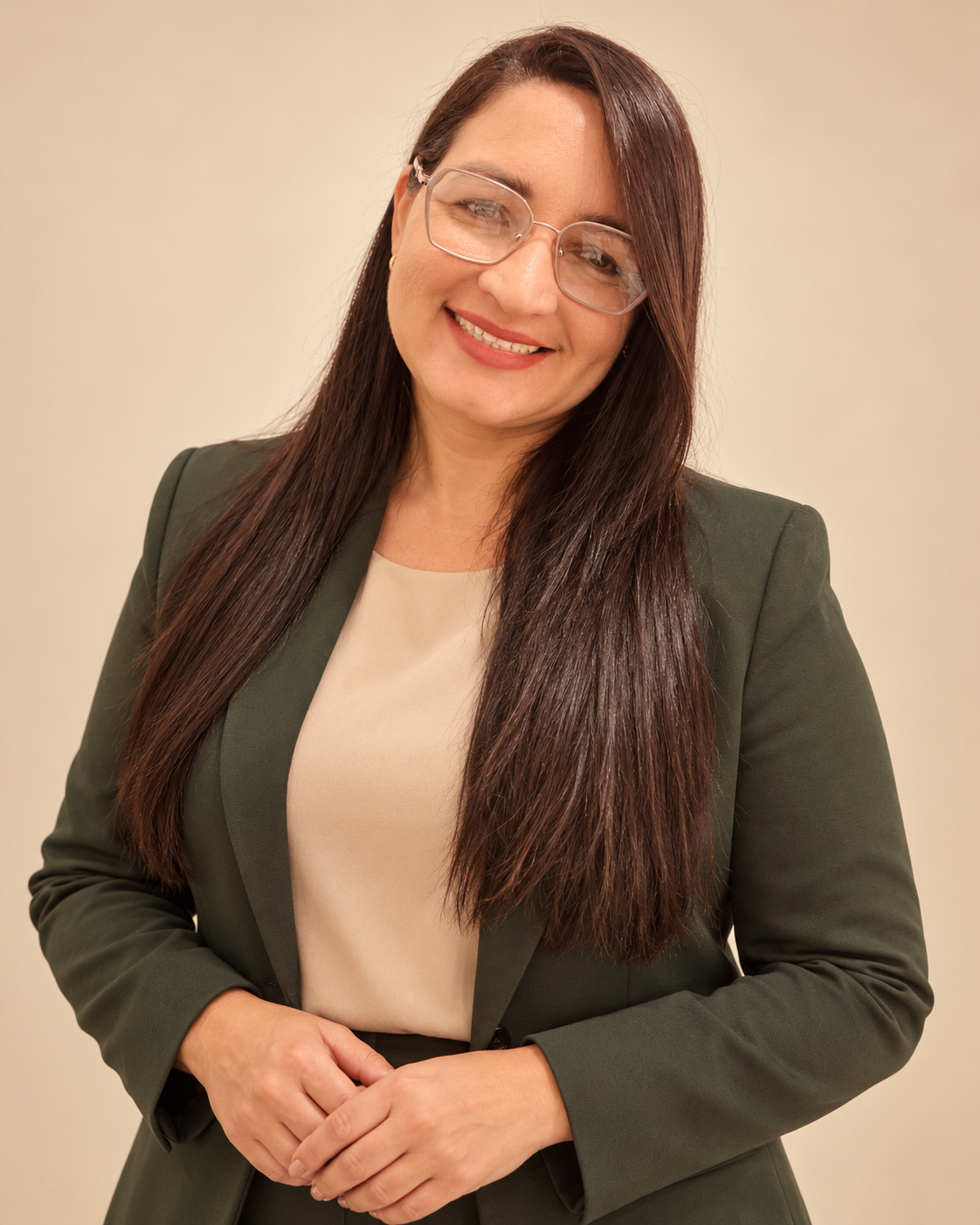 Sheila Cachoeira com blazer verde queimado e blusa bege